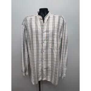 VTG 90s Creative Edge Linen Blend Button Up Mens XL Henley Collar Plaid Vacation